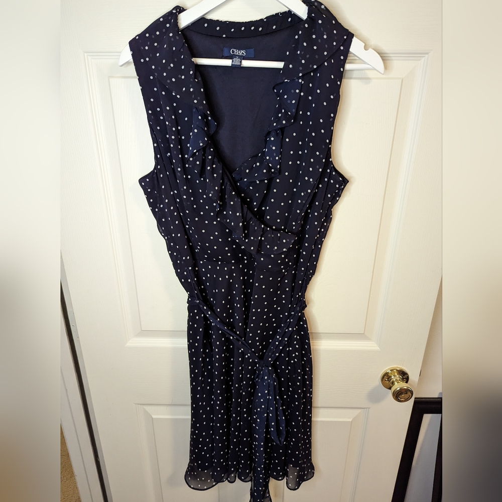 Chaps Women's blue with white polka dot faux wrap sleeveless dress size 14